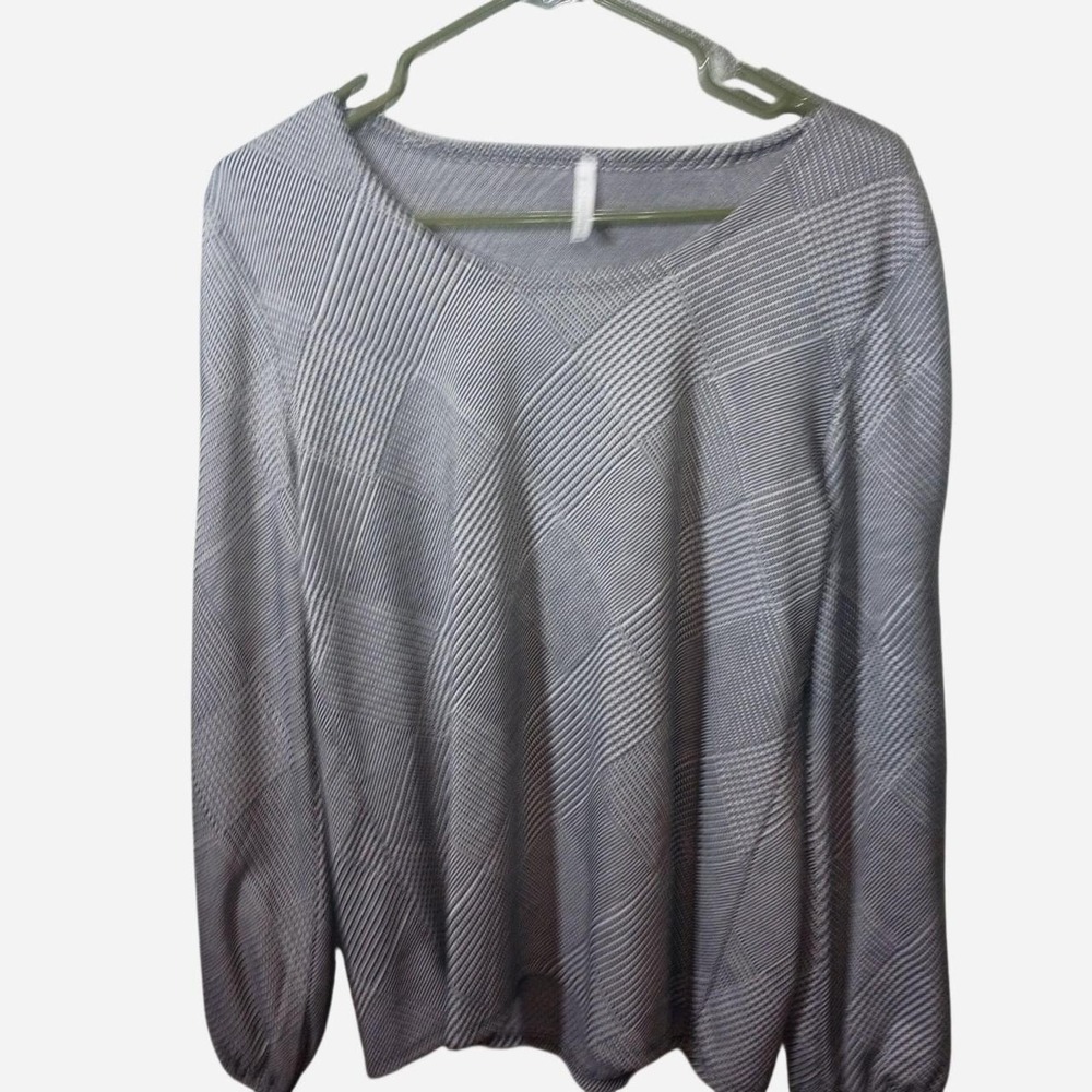 Passports, woman, Gray & white diagonal striped long sleeve blouse